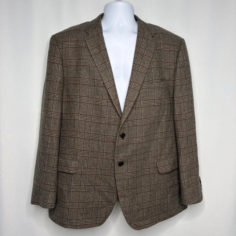 Saks Fifth Avenue Black Label 100% Cashmere Plaid Blazer Brown 48R Sport Coat